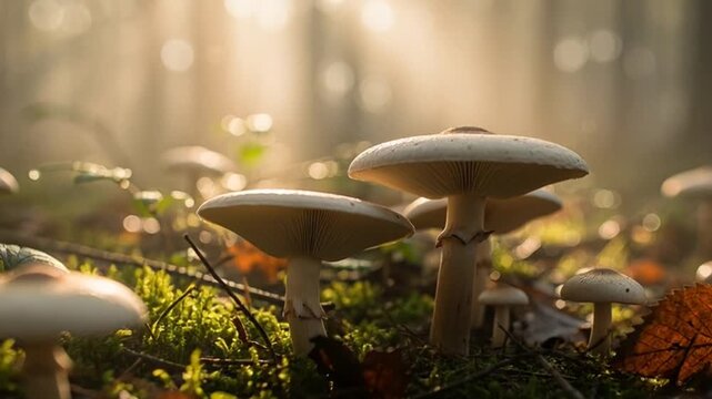 Mushrooms thrive in forest underbrush with sunlight filtering through trees