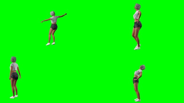 fitness woman model is exercising jumping bending and posing on green screen chromakey background for 3D animated cartoonnimation. Perfect for your video creators and multimedia arts.