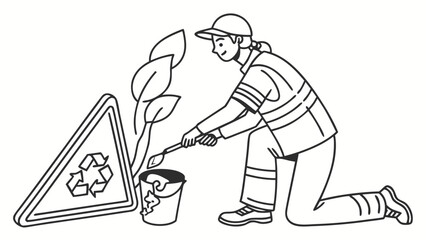 Person watering a plant with recycling symbol.