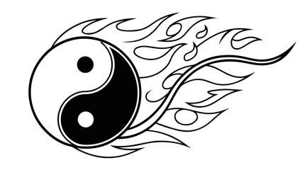 Yin Yang Symbol with Flames and Swirling Patterns.