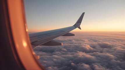Obraz premium Aerial view of an airplane wing above the clouds during sunrise, viewed from the aircraft window, capturing the serene atmosphere and vast sky.