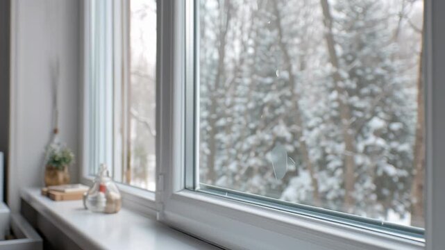 New plastic PVC window with white metal frame installed at modern house, city street urban view. Typical installation of insulated glazing windows. uPVC frame high thermal insulation values in room