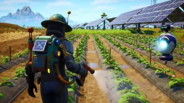 Man watering crops in a solar-powered field with a hovering robot. Sustainable agriculture with future farming technology.