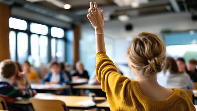 Modern classroom interior with faceless students raising hands seen from behind position happy teacher background education school life concept defocused classroom setting wit
