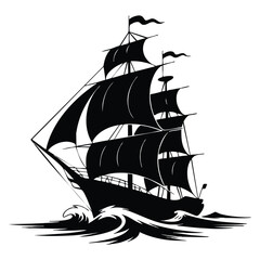 Silhouette of a ship on the waves black on white background vector illustration minimal maritime nautical sea travel themed artwork © Nass Studio