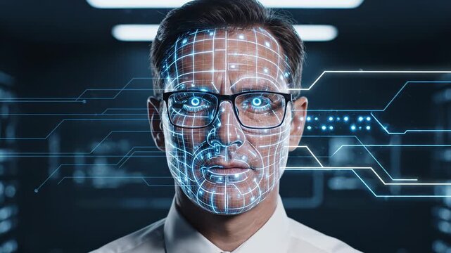 Caucasian man with glasses undergoes facial recognition technology analysis in a dark server room with glowing digital interfaces and data streams. scanning security, face recognition