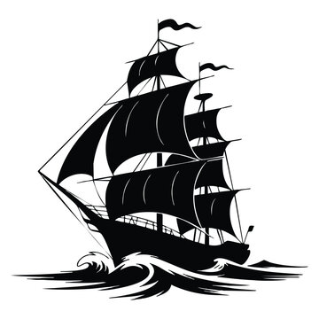 Silhouette of a ship on the waves black on white background vector illustration minimal maritime nautical sea travel themed artwork