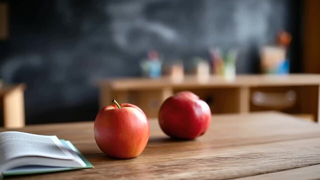 Back to school concept with student supplies desk colorful pencils holder red apple open notebook green chalkboard teachers table workplace defocused classroom setting with