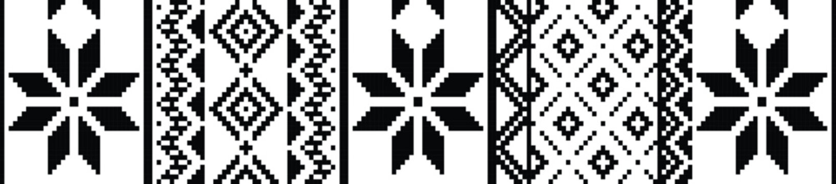 Seamless fairisle sweater knit pattern. Repeating zigzag striped vector print. Black and white seamless pattern repeating patterns for fabric, apparel, backgrounds, borders, vector illustration.