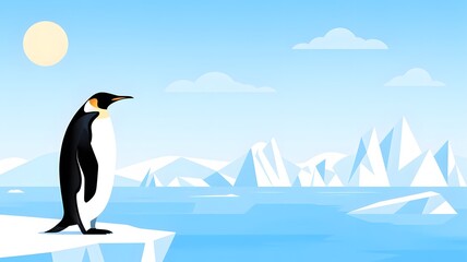 A majestic emperor penguin stands on a floating ice floe in a vast arctic landscape.