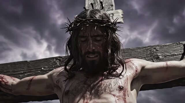 crucifixion of jesus christ with crown of thorns and bleeding wounds. caucasian man on wooden cross against dramatic sky. good friday and easter religion concept. christian faith, bible story.