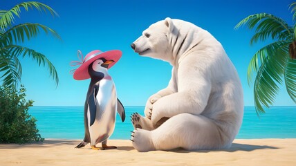 A polar bear and a penguin in a pink hat enjoy a sunny day on a tropical beach with palm trees.