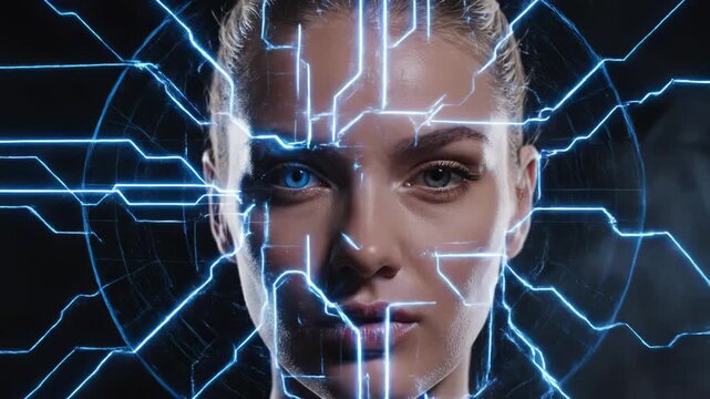 Female model with digital circuitry effects on her face, transitioning from illuminated design to a neutral expression in a dark studio setting. scanning security, face recognition