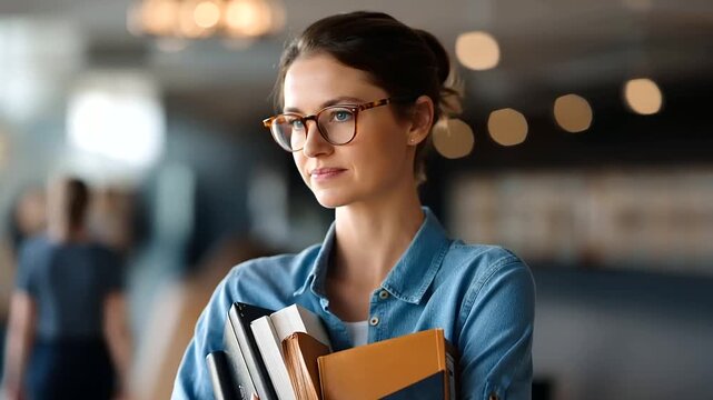 Faceless student woman in university ready learning goals targets preparation education scholarship happy female learner with books studying knowledge acquisition defocused