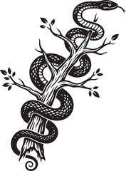 Elegant black snake winding around a bare tree branch illustration
