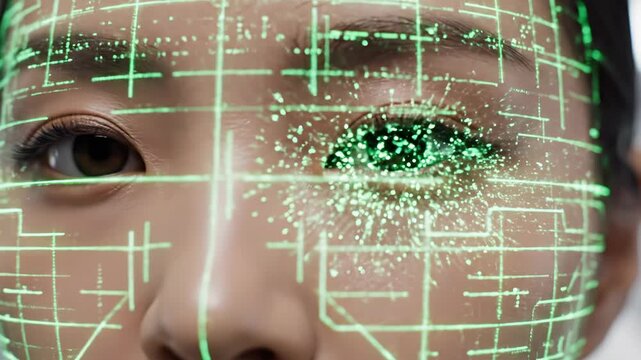 Asian woman with facial recognition technology displaying green grid patterns on her face, close-up view in a futuristic environment. scanning security, face recognition