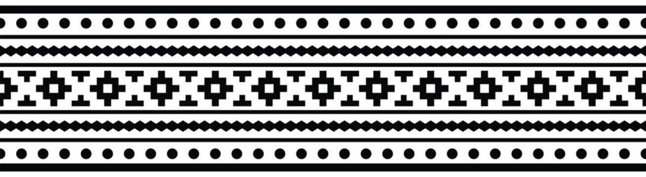 Seamless monochrome geometric ornaments. Borders. Ethnic tribal Aztec geometric Navajo Native American fabric black and white design vector for textile print, vector illustration.