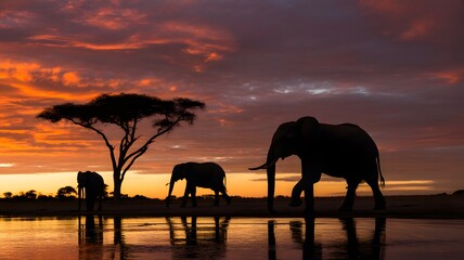 Silhouetted elephants and an acacia tree against a vibrant sunset over the african savanna.