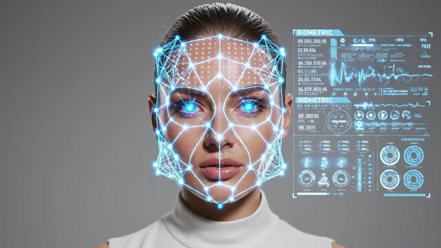 Woman with facial recognition technology displaying biometric data and digital patterns on her face in a modern studio setting. scanning security, face recognition