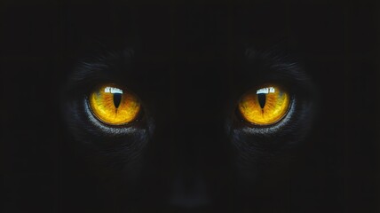 Intense golden eyes of a black cat peering through the pitch black shadows of the dark