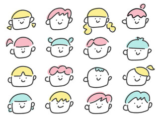 パステルカラーのカラフルな髪の笑顔の子供達のかわいい顔アイコン　手描きの線画