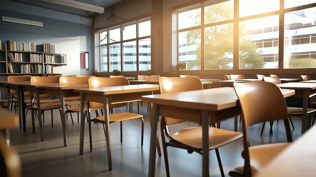 Sunlight streams into empty classroom visualization rows of wooden desks chairs educational space illustration learning environment display academic facility interior
