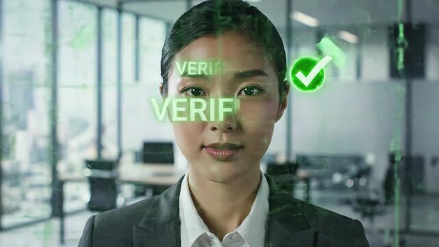 Asian woman undergoes facial recognition verification process with digital interface displaying green checkmarks in a modern office setting. scanning security, face recognition