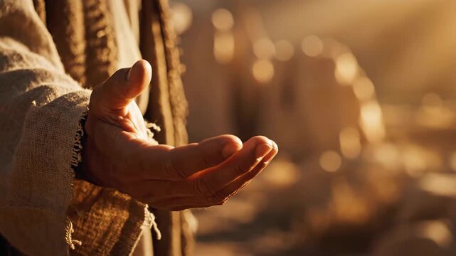 hand of jesus christ reaching out in golden sunlight. biblical prophet wearing robe. easter resurrection concept. christian religion, charity, hope background.