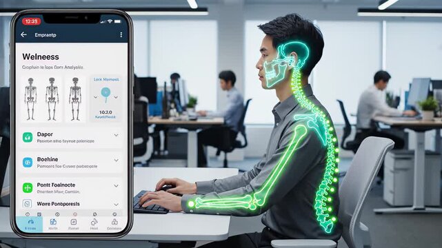 Asian male office worker using wellness app on smartphone, displaying skeletal analysis and posture correction suggestions in modern office environment
