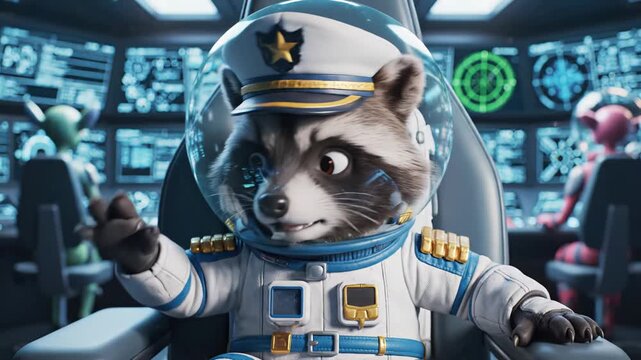 Cartoon raccoon in space captain uniform sits in control chair, monitors displaying data and graphics, with alien crew members visible in the background