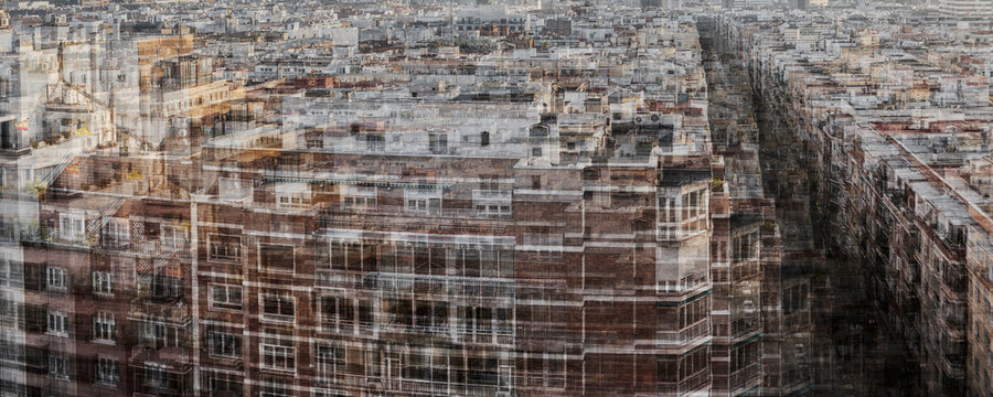 Layered geometric city fragments forming abstract metropolis