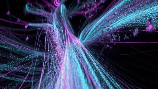 Abstract glowing strands of light in dynamic composition with shattered particles