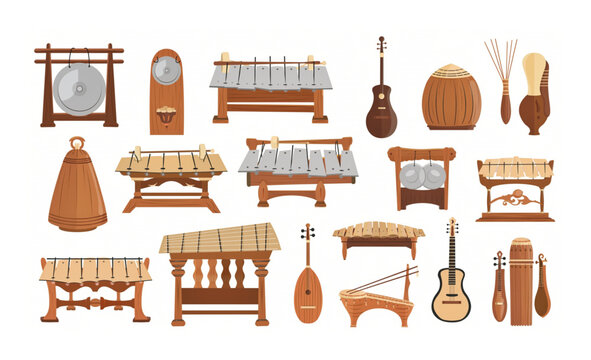 high-quality illustration set of various traditional musical instruments from Indonesia, featuring gamelan, angklung, and ethnic drums on a clean white background. Suitable for cultural design project