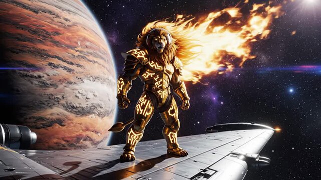 Lion humanoid figure with fiery mane stands confidently on spaceship edge, with a distant planet and starry space backdrop creating a dramatic cosmic scene