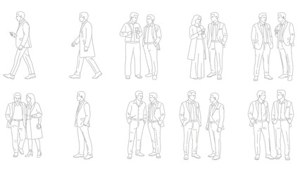 line art people, business attire, walking, talking, standing, social interaction