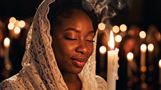 smiling african american woman in white lace veil holding lit candle. spiritual prayer and easter resurrection faith. church vigil ceremony. holiday greeting card, religious concept