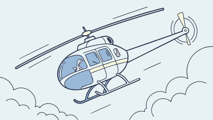 Fototapeta premium Simple line drawing of a helicopter flying through the clouds.