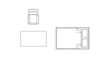 bedroom furniture layout, top view, interior design, bed and nightstands
