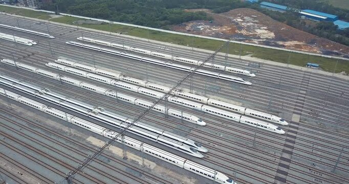 Aerial View of High-Speed Trains at Railway Depot