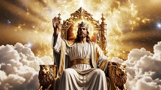 jesus christ king sitting on golden throne in heaven among white clouds. divine light rays and stars background. easter resurrection and ascension concept. religious greeting card, church narrative