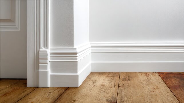 Elegant white decorative baseboard and door casing molding on a rustic wooden floor in a modern interior