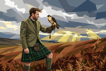 Dressed in a traditional kilt and jacket, a man practices falconry with his bird in a wild, scenic highland setting, bathed in dramatic light.