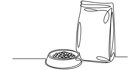 Continuous line drawing of a pet food bag and a full bowl of kibble for cats or dogs. © S Arts & Culture