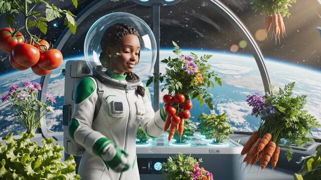Female astronaut in a space habitat tending to fresh vegetables and flowers, showcasing a vibrant garden with Earth visible through the window in the background