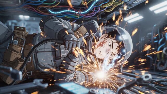 Astronaut in space suit performs welding inside spacecraft, sparks flying from the welding tool, surrounded by wires and tools in a futuristic environment