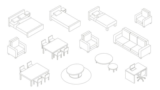 isometric furniture set, line art, home interior design