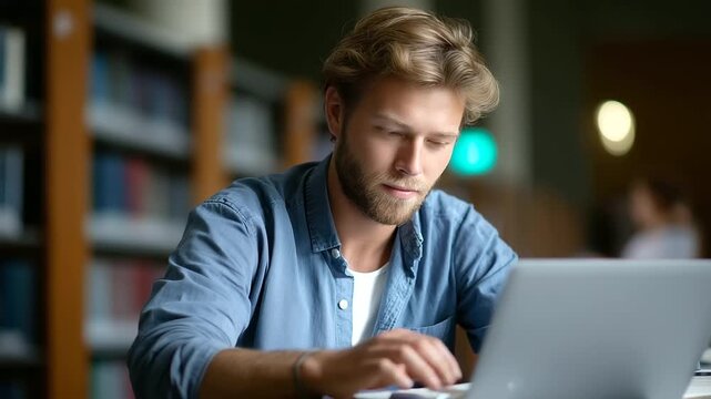 Faceless young man studying in library focused on laptop amidst bookshelves serene environment enhances concentration learning experience academic work session defocused libra