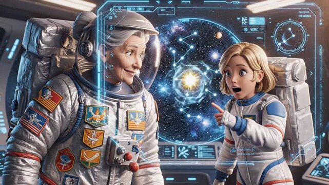 Elderly female astronaut and young girl in space suits interact with holographic display of stars and planets inside a futuristic spacecraft cockpit with advanced technology