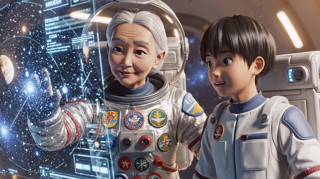 Elderly female astronaut and young boy in space suits interact with holographic display of celestial bodies inside a futuristic spacecraft with glowing control panels