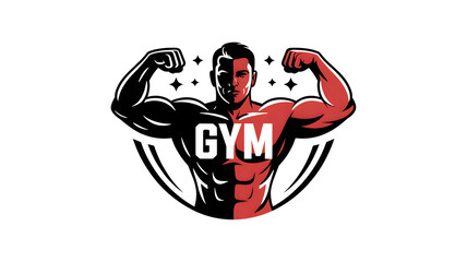 Muscular bodybuilder logo in black and red showing a man flexing his biceps for a gym brand